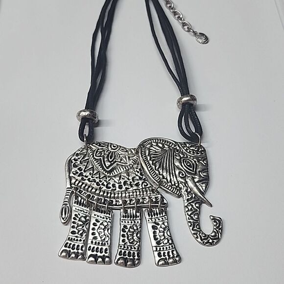 No Brand Jewelry - Silvertone Elephant Necklace Black Cord